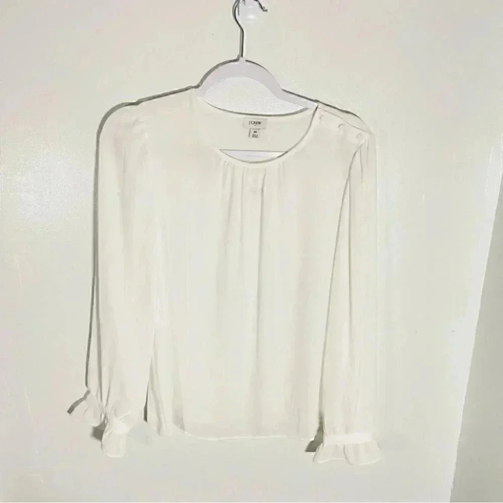 NWT J.Crew Factory Ivory Ruffle Button-Neck Blouse - Picture 3 of 10